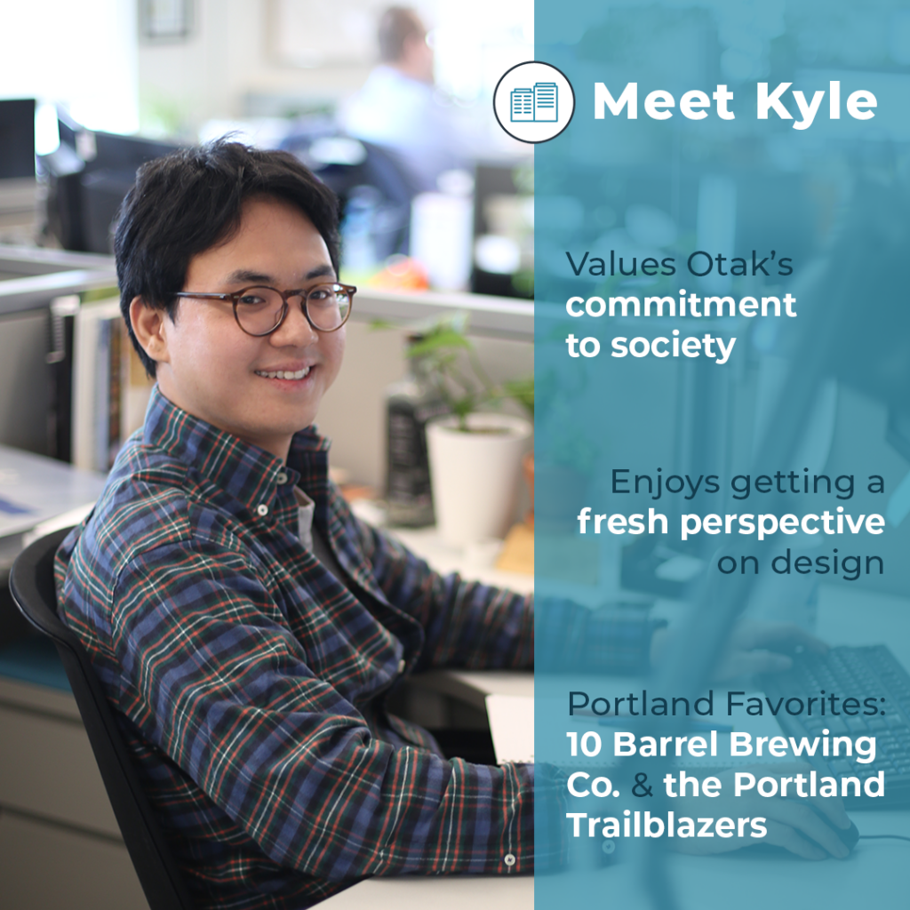 Graphic introducing Kyle, an HG intern visiting Otak architecture.