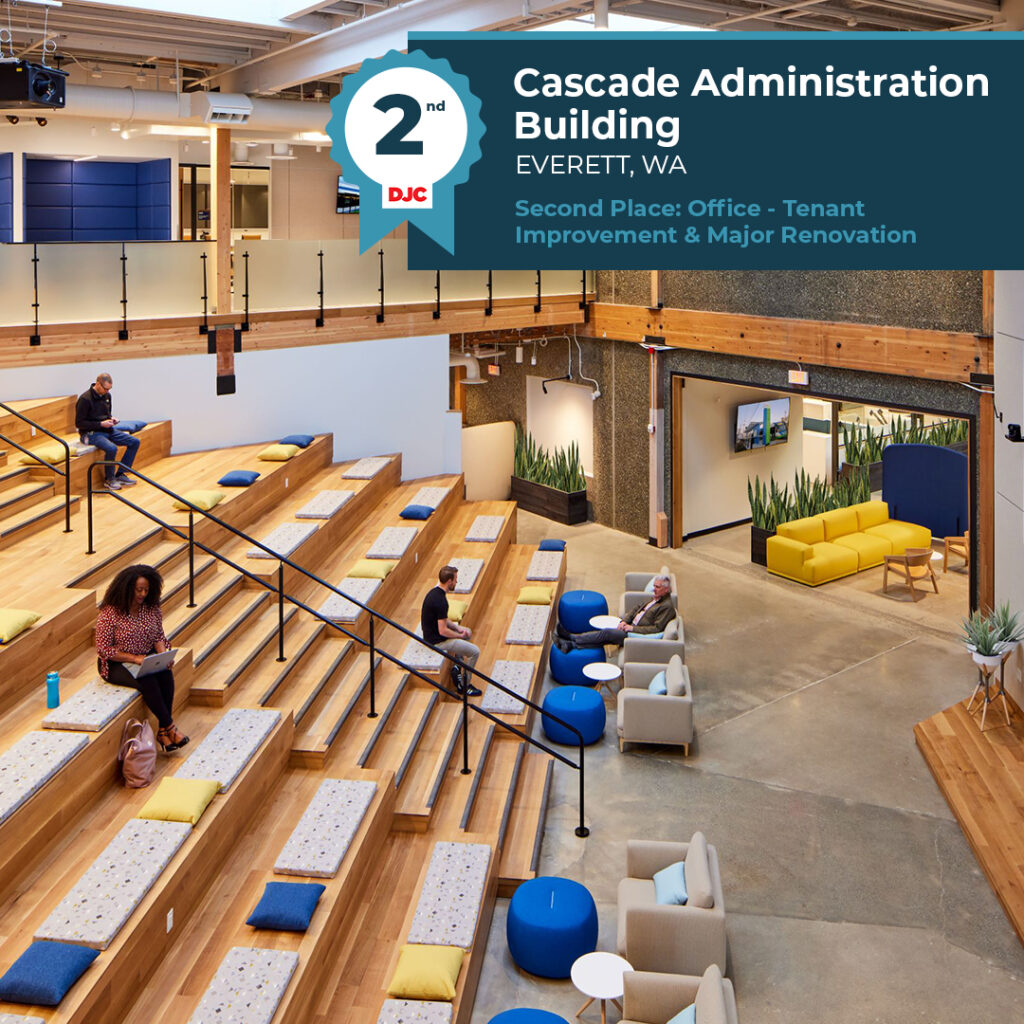 Graphic showing an interior view of the Cascade Admin Building and info about its DJC award.